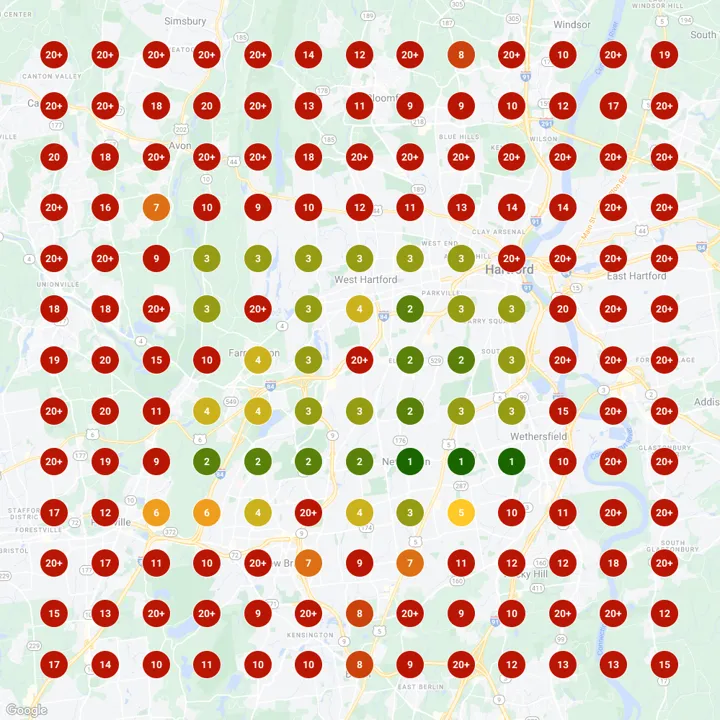 Grid scan for “retirement advising” at 7:46 PM. Green and yellow pins spread across the center of the trade area, including several number 1 ranks.